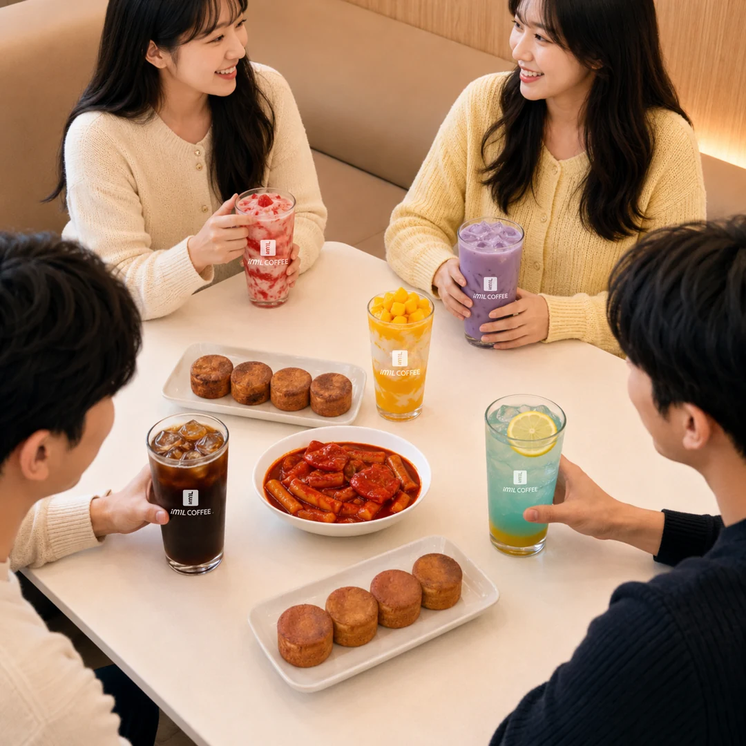 여러 사람이 아임일리터 음료와 디저트를 함께 즐기는 모습
