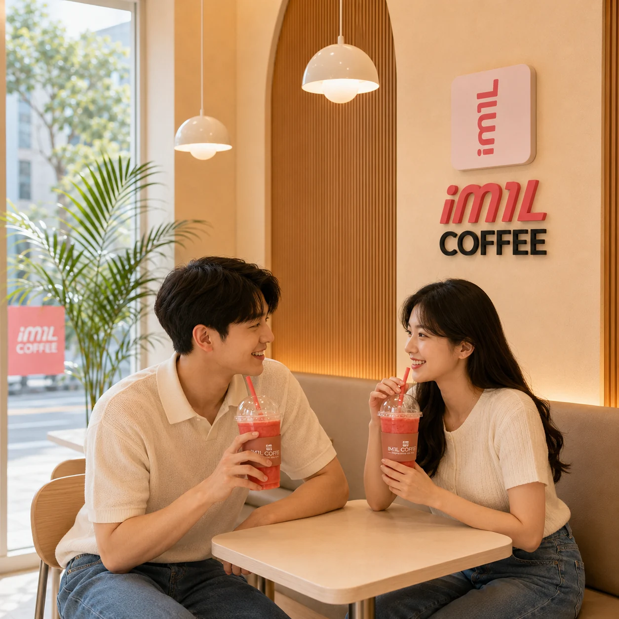 아임일리터 매장에서 음료를 함께 즐기는 두 사람