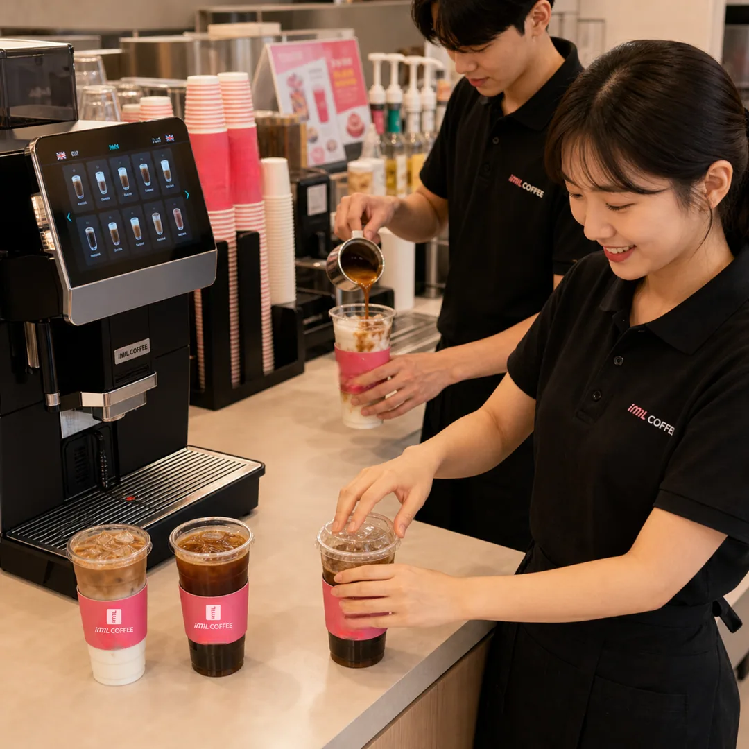 아임일리터 직원들이 자동 커피 머신으로 음료를 제조하고 마무리하는 모습