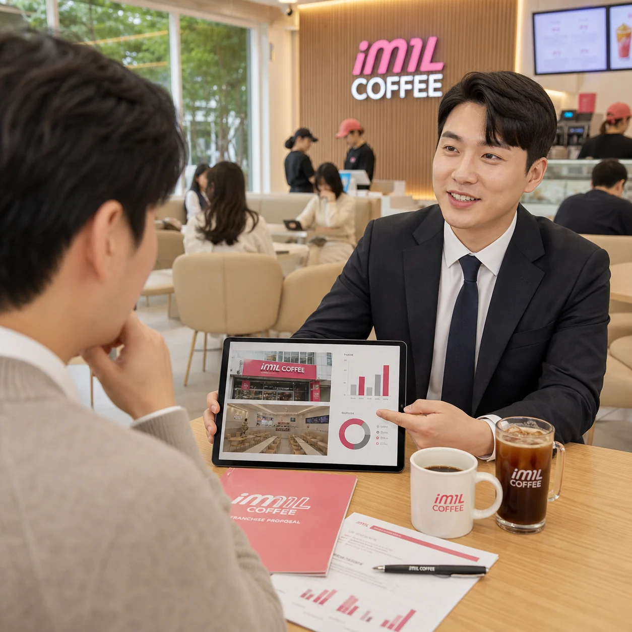 아임일리터 매장에서 예비 점주와 창업 상담을 진행하는 모습